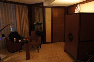 a room with a table and chairs