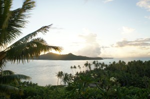 The image shows a scenic view of a tropical landscape at sunset. There are lush green palm trees in the foreground, and a calm body of water with a small island or landmass in the background. The sky is partly cloudy with the sun setting, casting a warm glow over the scene.