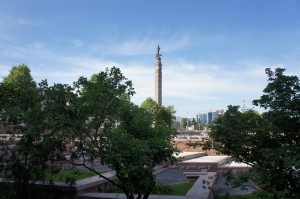 a tall tower in the distance
