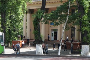 a group of people outside of a building