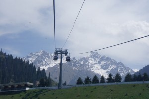 a cable car going up a hill
