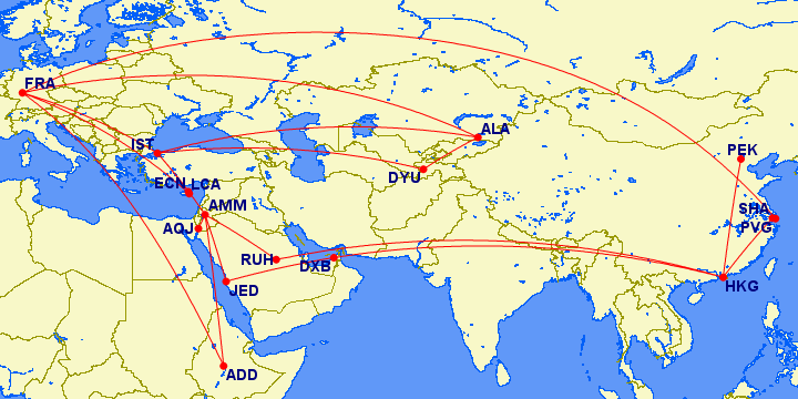 A world map highlighting various cities connected by red lines, indicating flight routes. The cities marked include FRA (Frankfurt), IST (Istanbul), ECN (Ercan), LCA (Larnaca), AMM (Amman), AQJ (Aqaba), RUH (Riyadh), DXB (Dubai), JED (Jeddah), ADD (Addis Ababa), ALA (Almaty), DYU (Dushanbe), PEK (Beijing), SHA (Shanghai), PVG (Shanghai Pudong), and HKG (Hong Kong). The map covers parts of Europe, the Middle East, and Asia.