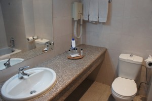 The image shows a clean and modern bathroom. There is a large mirror above a granite countertop with a white sink. On the countertop, there are toiletries and a hairdryer mounted on the wall. To the right of the countertop is a white toilet. Towels are hanging on a rack above the toilet. The bathroom has a simple and functional design.