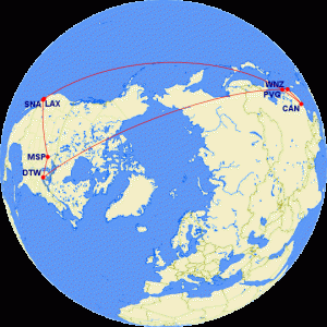 A map of the Northern Hemisphere is shown with red lines connecting various cities, indicating flight routes. The cities marked on the map include SNA (Santa Ana), LAX (Los Angeles), MSP (Minneapolis), DTW (Detroit), PVG (Shanghai), CAN (Guangzhou), and VNZ (Vancouver). The map highlights the flight paths over the Arctic region, connecting North America and Asia.