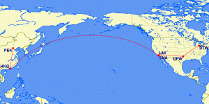 A world map showing flight routes between several cities. The routes are marked with red lines connecting the following cities: PEK (Beijing, China), HKG (Hong Kong), LAX (Los Angeles, USA), SNA (Santa Ana, USA), DFW (Dallas/Fort Worth, USA), and DTW (Detroit, USA). The map highlights the trans-Pacific routes between Asia and North America.