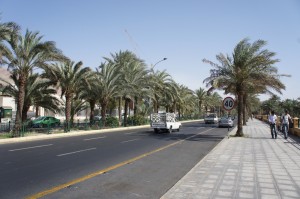 A wide street lined with tall palm trees on both sides. There are a few vehicles, including a white truck, driving on the road. A sidewalk runs parallel to the street on the right side, with a few pedestrians walking. A speed limit sign indicating 40 km/h is visible on the sidewalk. The sky is clear and blue.