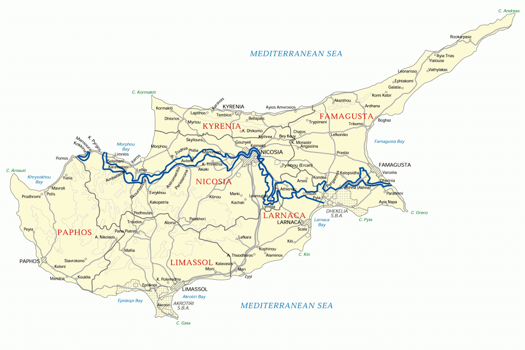 Alt text: A detailed map of Cyprus showing its major cities, regions, and geographical features. The map highlights the regions of Paphos, Limassol, Larnaca, Nicosia, Kyrenia, and Famagusta. Key cities such as Paphos, Limassol, Larnaca, and Nicosia are marked. The map also shows the Mediterranean Sea surrounding the island, with bays such as Morphou Bay, Larnaca Bay, and Famagusta Bay labeled. Various towns, villages, and other landmarks are indicated throughout the map.