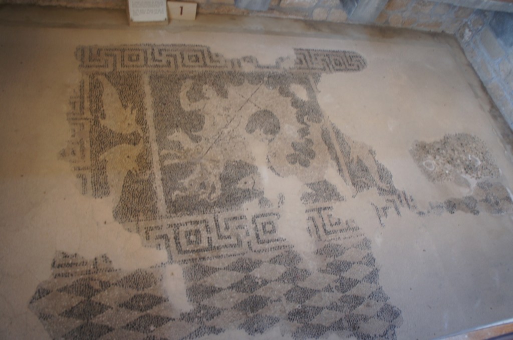 The image shows an ancient mosaic floor with a partially preserved design. The mosaic features intricate patterns and figures, including geometric shapes and what appears to be animals or mythical creatures. The edges of the mosaic are bordered with a repeating geometric pattern. The mosaic is set in a stone or concrete floor, and there is some visible wear and damage, indicating its age. There is a small sign with text and the number "1" placed at the top edge of the mosaic.