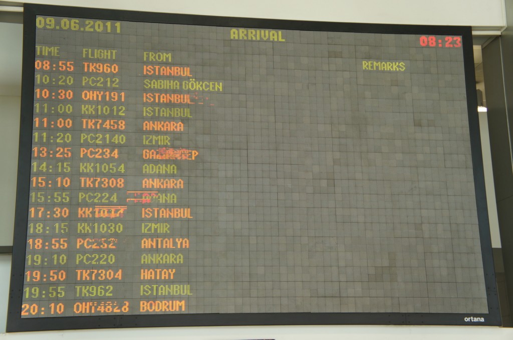 The image shows an airport arrival information board displaying flight details. The board lists the time, flight number, origin, and remarks for each arriving flight. The date at the top left corner is 09.06.2011, and the current time displayed at the top right corner is 08:23. The flights are arriving from various cities including Istanbul, Ankara, Izmir, and others. The board is mostly empty in the "Remarks" column.