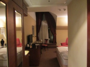a room with a bed and a table