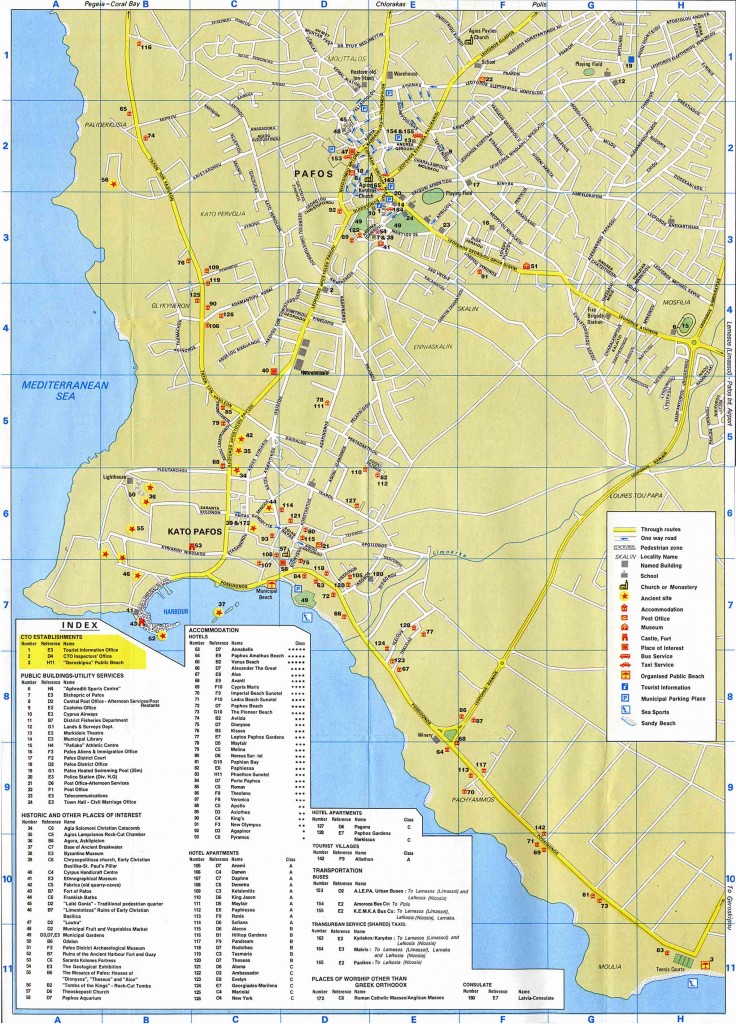 This image is a detailed map of Paphos, a city in Cyprus. The map includes various landmarks, roads, and points of interest. Key features include:

- Major roads and through routes highlighted in yellow.
- Overhead roads, pedestrian areas, and locality names.
- Named buildings, schools, churches, monasteries, and other places of worship.
- Public buildings, utility services, and places of interest.
- Accommodations such as hotels, hotel apartments, and tourist villas.
- Transportation routes, including bus services and taxi stands.
- Tourist information centers, organized public beaches, and sandy beaches.
- Symbols indicating various amenities and services, such as post offices, police stations, and medical facilities.
- An index listing various establishments and their corresponding numbers on the map.

The map is bordered by the Mediterranean Sea to the west and includes a grid system for easy reference.