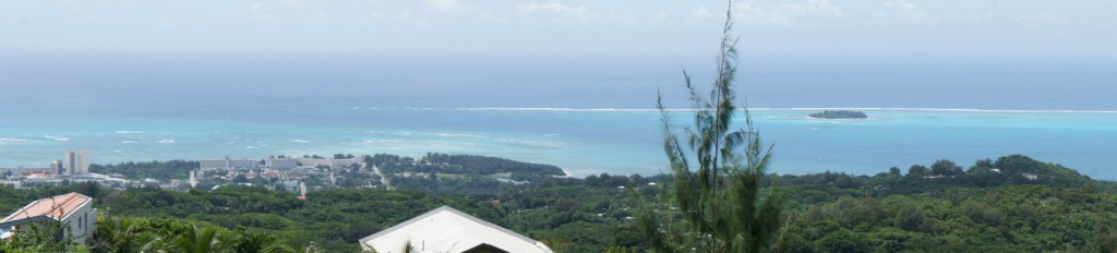 A panoramic view of a coastal town with lush greenery in the foreground. The town is situated near the ocean, with buildings and houses visible among the trees. The ocean is a vibrant blue, and an island can be seen in the distance. The sky is clear with a few scattered clouds.