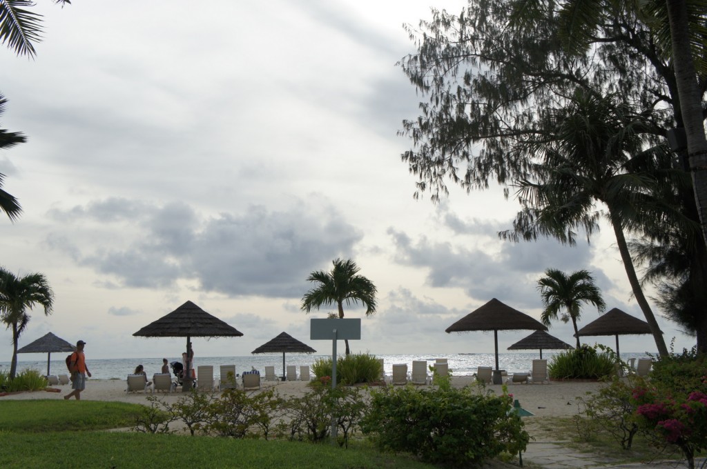 A beach scene with several people sitting on lounge chairs under thatched umbrellas. The beach is lined with palm trees and other tropical vegetation. The sky is cloudy, and the ocean is visible in the background. There is a person walking on the left side of the image, and the overall atmosphere appears calm and relaxing.