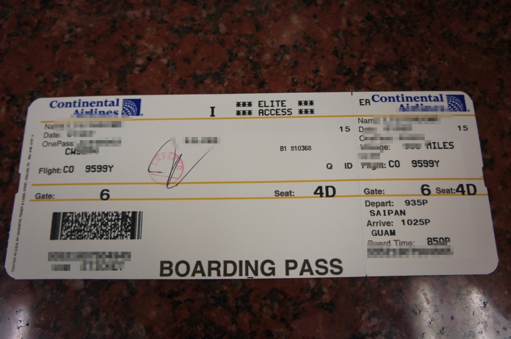 The image shows a Continental Airlines boarding pass. The boarding pass includes details such as the passenger's name, flight number (CO 9599Y), seat number (4D), gate number (6), departure time (9:35 PM), departure location (Saipan), arrival time (10:25 PM), and arrival location (Guam). The boarding pass also indicates the passenger's elite access status and has a barcode at the bottom. Some information is blurred for privacy.