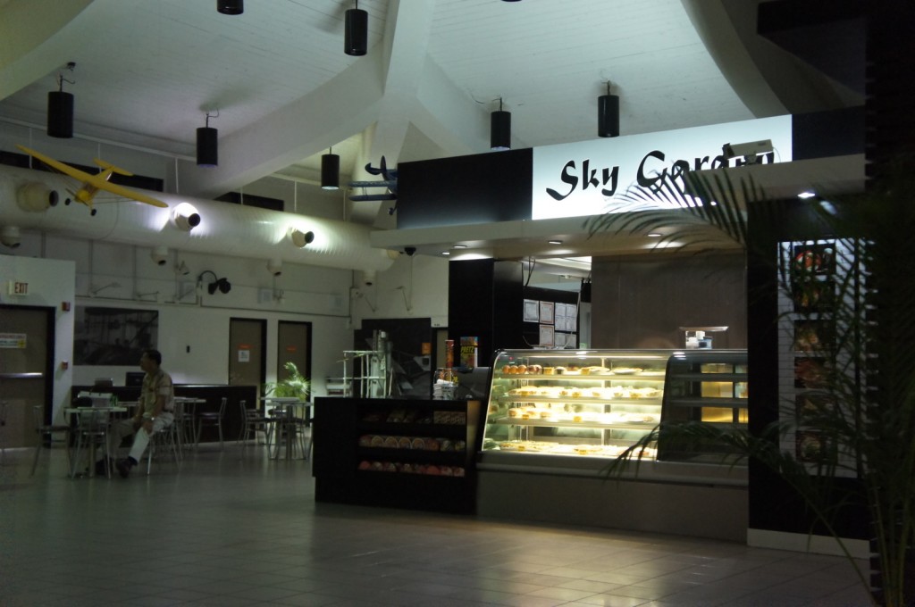 The image shows the interior of a food court or dining area with a food counter named "Sky Garden." The counter has a display case filled with various food items, likely pastries or baked goods. There are tables and chairs in the seating area, and a person is sitting at one of the tables. The ceiling has a modern design with hanging lights and model airplanes suspended from it. The overall lighting is dim, giving the area a cozy ambiance. There are also some plants visible in the foreground.