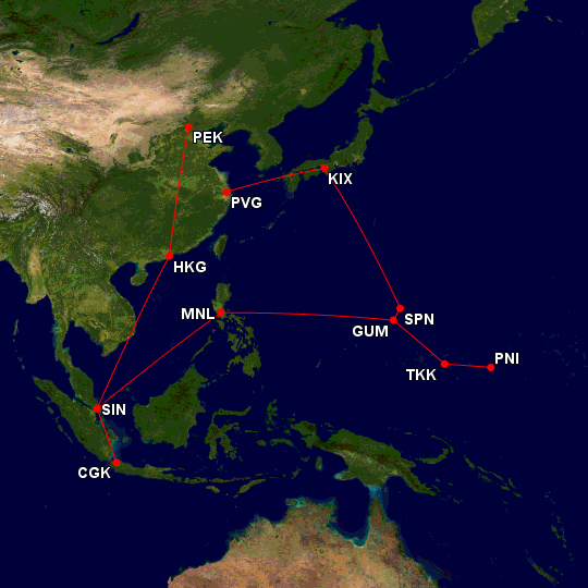 A map of East Asia and the Western Pacific region is shown with several red dots connected by red lines, indicating flight routes between various cities. The cities marked on the map include:
- PEK (Beijing, China)
- PVG (Shanghai, China)
- KIX (Osaka, Japan)
- HKG (Hong Kong)
- MNL (Manila, Philippines)
- GUM (Guam)
- SPN (Saipan)
- TKK (Chuuk, Micronesia)
- PNI (Pohnpei, Micronesia)
- SIN (Singapore)
- CGK (Jakarta, Indonesia)
The red lines represent the flight paths connecting these cities.