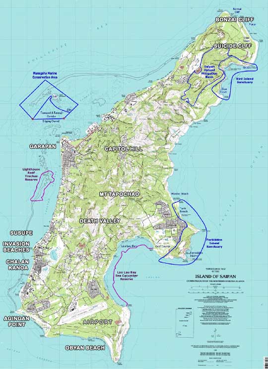 Alt text: A detailed topographic map of the island of Saipan, part of the Northern Mariana Islands in the Pacific Ocean. The map highlights various regions and landmarks, including Bonzai Cliff, Suicide Cliff, Capitol Hill, Mt. Tapochao, Death Valley, and several beaches such as Invasion Beaches, Obyan Beach, and Lau Lau Bay. Marine conservation areas and sanctuaries are marked, including Forbidden Island Sanctuary and Bird Island Sanctuary. The map also shows towns like Garapan and Chalan Kanoa, as well as an airport located in the southern part of the island. The surrounding ocean areas are labeled with specific zones and features.