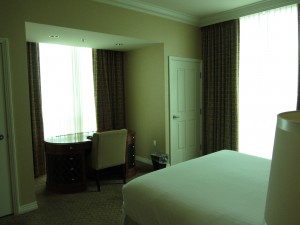 a bedroom with a desk and a bed