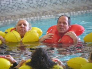 a group of people in a pool