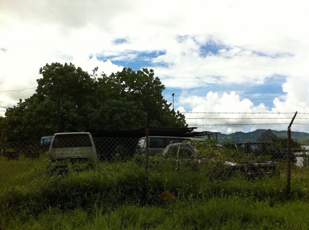 The image shows a fenced area with several vehicles, including trucks and cars, parked behind a chain-link fence topped with barbed wire. The area is overgrown with grass and vegetation. In the background, there are large trees and a partly cloudy sky with blue patches. Hills or mountains can be seen in the distance.