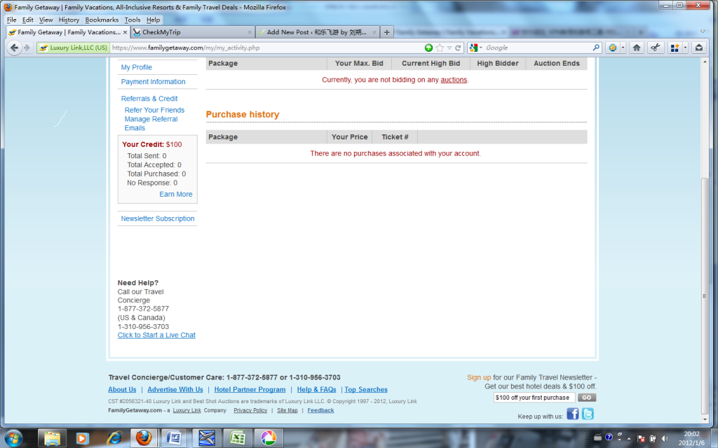 The image shows a screenshot of a webpage from a travel website called "Family Getaway." The page displays a user's account information, including sections for "My Profile," "Payment Information," "Referrals & Credit," and "Newsletter Subscription." The main section of the page is titled "Purchase history," indicating that there are no purchases associated with the account. The left sidebar shows the user's credit balance of $100 and details about sent, accepted, purchased, and no response offers, all of which are zero. There is also a "Need Help?" section with contact information for the Travel Concierge. The bottom of the page includes links for customer care, company information, and social media icons for Facebook and Twitter. The browser window shows multiple open tabs and the Windows taskbar at the bottom.
