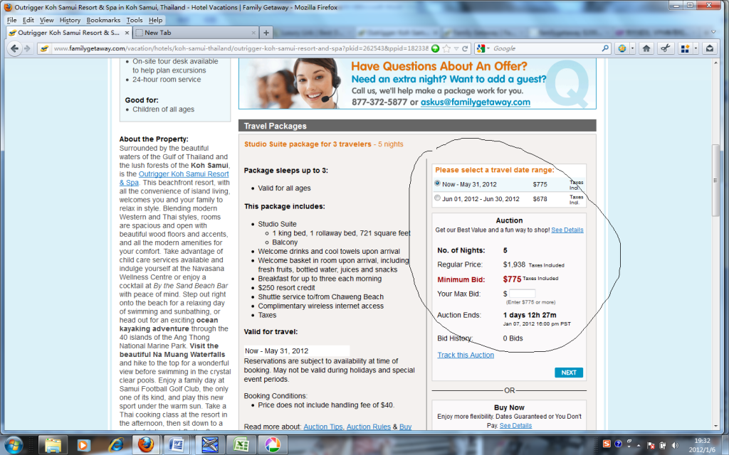 Screenshot of a webpage from FamilyGetaway.com displaying a travel package for the Outrigger Koh Samui Resort & Spa in Koh Samui, Thailand. The page includes details about the property, such as its location, amenities, and activities available. The travel package is for a studio suite that accommodates up to 3 travelers for 5 nights. The package includes a welcome drink, daily breakfast, a $250 resort credit, and complimentary wireless internet access. There is an auction for the package with a minimum bid of $775, and the auction ends in 1 day, 12 hours, and 27 minutes. The travel date range options are from now to May 31, 2012, and June 1, 2012, to June 30, 2012. The regular price of the package is $1,938.