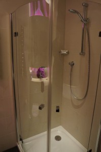 a shower with a glass door