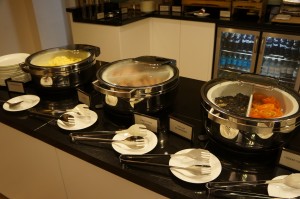 a buffet table with food on it