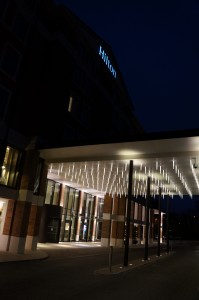 a building with a lit up awning