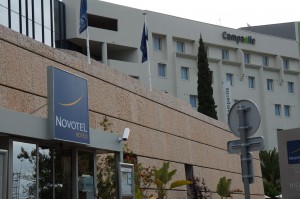 a building with flags on the side