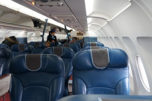 a plane with blue seats