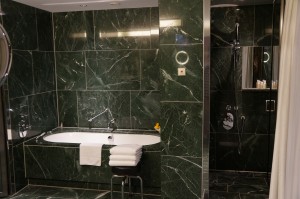 a bathroom with a bathtub and shower
