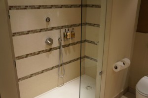 a shower with a glass door