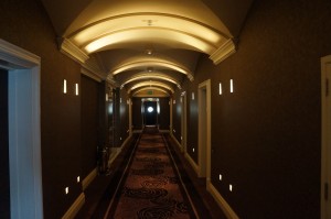 a long hallway with lights