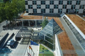 a building with a pyramid shaped roof