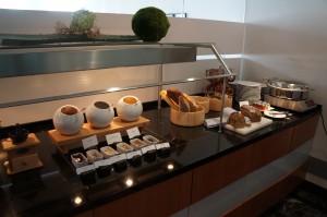 a buffet table with food on it