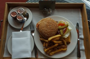 a plate of food on a tray