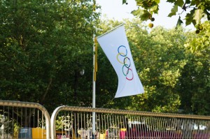 a white flag with rings on it