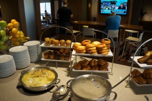 a buffet table with food on it