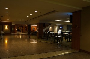 a hall with tables and chairs