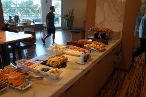 a buffet table full of food