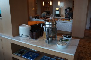 a buffet table with food items on it