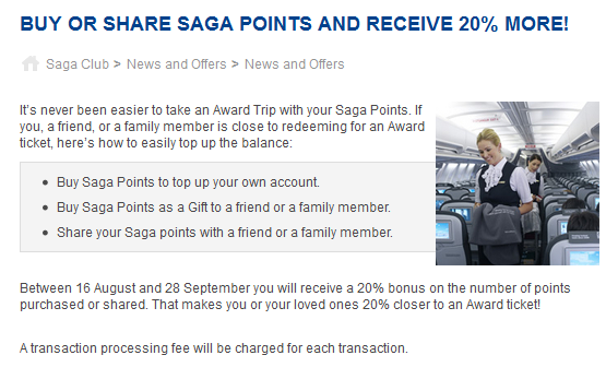 The image is an advertisement for Saga Points, promoting a 20% bonus on points purchased or shared between 16 August and 28 September. The text explains how to use Saga Points for an Award Trip and offers three options: topping up your own account, buying points as a gift, or sharing points with a friend or family member. There is a small photo on the right side of the text showing a flight attendant walking down the aisle of an airplane. The advertisement also mentions that a transaction processing fee will be charged for each transaction.