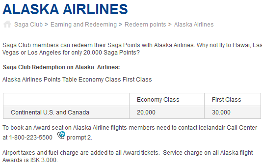 Alt text: A webpage from Alaska Airlines detailing the redemption of Saga Points for flights. The page includes a table showing the points required for Economy Class and First Class flights within the Continental U.S. and Canada, which are 20,000 and 30,000 points respectively. It also provides instructions to book an award seat by contacting the Icelandair Call Center at 1-800-223-5500 and selecting prompt 2. Additional information mentions that airport taxes and fuel charges are added to all award tickets, and there is a service charge of ISK 3,000 on all Alaska flight awards.