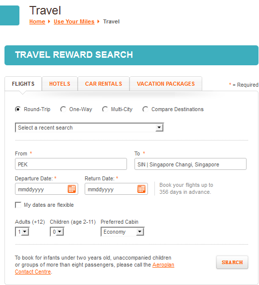 The image shows a "Travel Reward Search" webpage for booking travel arrangements. The page has tabs for "Flights," "Hotels," "Car Rentals," and "Vacation Packages." The "Flights" tab is selected, and options for "Round-Trip," "One-Way," "Multi-City," and "Compare Destinations" are available. The form includes fields for selecting a recent search, departure and destination airports (with "PEK" and "SIN | Singapore Changi, Singapore" filled in), departure and return dates, and an option to indicate if the dates are flexible. There are dropdown menus for the number of adults and children, and the preferred cabin class. A note at the bottom provides information for booking infants and unaccompanied children, and a "Search" button is present.