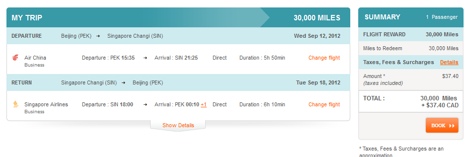 The image is a screenshot of a flight booking summary for a round trip from Beijing (PEK) to Singapore Changi (SIN) using 30,000 miles. The departure flight is on Wednesday, September 12, 2012, with Air China in Business class, departing at 15:35 from PEK and arriving at 21:25 in SIN, with a duration of 5 hours and 50 minutes. The return flight is on Tuesday, September 18, 2012, with Singapore Airlines in Business class, departing at 18:00 from SIN and arriving at 00:10 (+1 day) in PEK, with a duration of 6 hours and 10 minutes. There is an option to change flights for both departure and return. The summary on the right side indicates that the flight reward costs 30,000 miles, with additional taxes, fees, and surcharges amounting to $37.40 CAD, making the total cost 30,000 miles plus $37.40 CAD. There is a "BOOK" button at the bottom of the summary section.