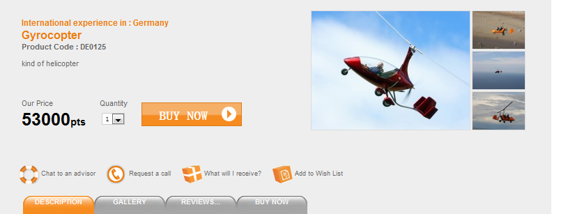 The image is a product listing for a gyrocopter experience in Germany. The listing includes the product code (DE0125) and describes the gyrocopter as a kind of helicopter. The price is listed as 53000 points, and there is an option to select the quantity and a "Buy Now" button. There are also options to chat with an advisor, request a call, see what will be received, and add the item to a wish list. The image features three photos of the gyrocopter in flight, with one larger image prominently displayed and two smaller images to the right. Below the listing, there are tabs for "Description," "Gallery," "Reviews," and "Buy Now."