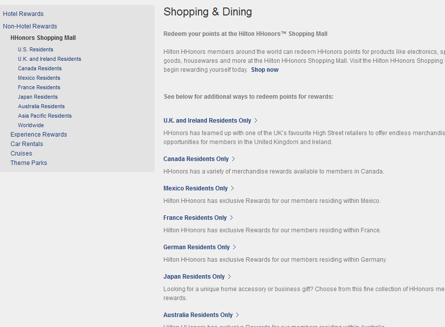 The image is a screenshot of a webpage from the Hilton HHonors program, specifically the "Shopping & Dining" section. The page provides information on how members can redeem their points at the Hilton HHonors Shopping Mall. It lists various categories for residents of different countries, including the U.S., U.K. and Ireland, Canada, Mexico, France, Germany, Japan, Australia, and the Asia Pacific region. Each category has a brief description of the rewards available to residents of that region. On the left side of the page, there is a navigation menu with links to different types of rewards, such as Hotel Rewards, Non-Hotel Rewards, Experience Rewards, Car Rentals, Cruises, and Theme Parks.