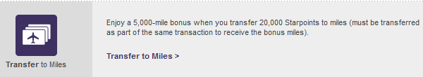 Alt text: A promotional banner offering a 5,000-mile bonus for transferring 20,000 Starpoints to miles. The banner includes an icon of a stack of cards with an airplane symbol and the text "Transfer to Miles." There is also a link labeled "Transfer to Miles >".
