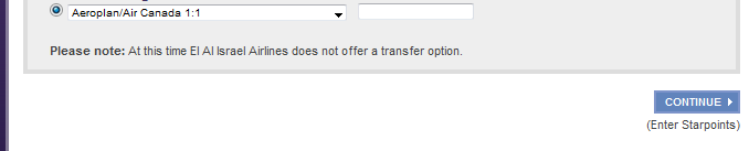 Alt text: A section of a webpage showing a dropdown menu with "Aeroplan/Air Canada 1:1" selected. Below the dropdown, there is a note stating, "Please note: At this time El Al Israel Airlines does not offer a transfer option." To the right, there is a blue button labeled "CONTINUE" with a smaller text link below it that says "(Enter Starpoints)."